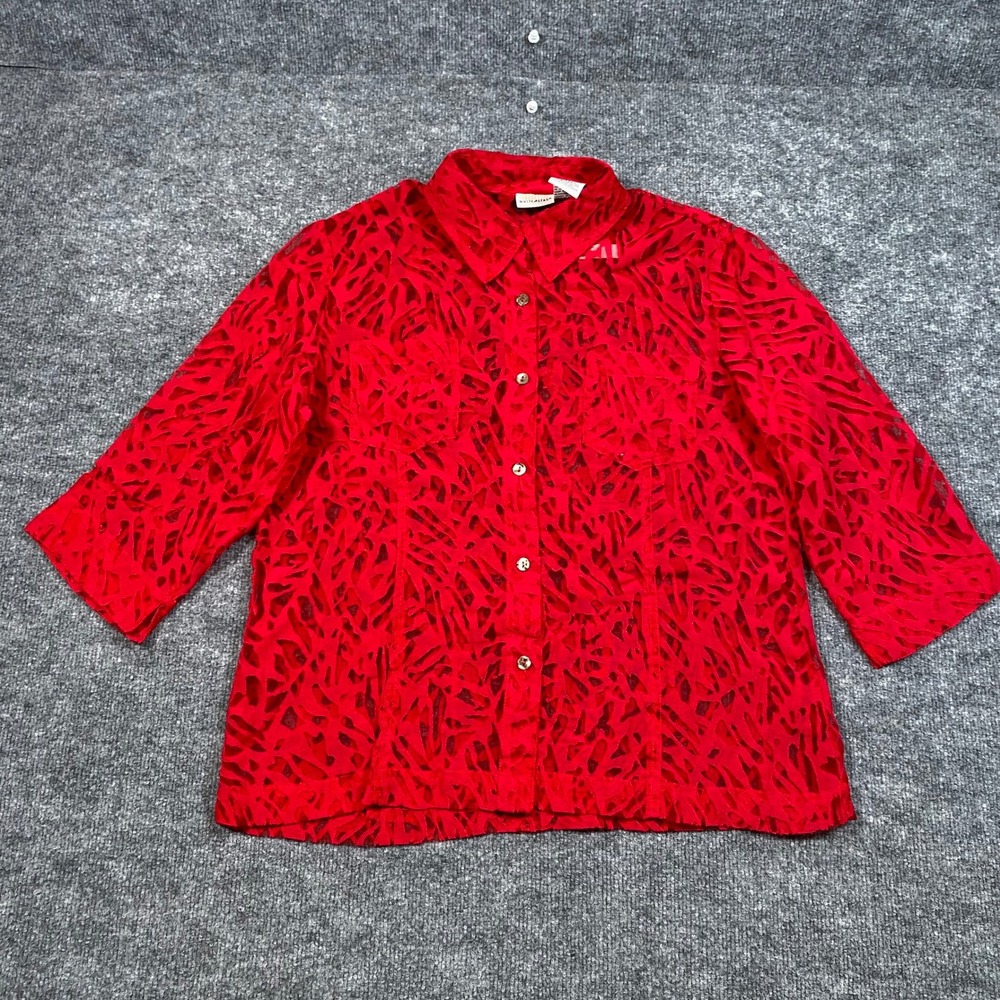 White Stag Womens Jubilee Red Burnout Sheer Button Up Blouse 3/4 Sleeve L 12/14